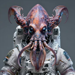 full shot of a venus squid monster astronaut intricate abstract. cyberpunk symmetrical facial. by ruan jia