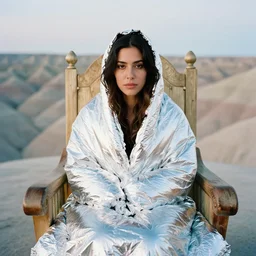 a color photograph, closeup portrait of a woman wrapped in mylar foil blanket, sitting on a throne in badlands national park in south dakota, color photograph, by vincent desiderio, canon eos c 3 0 0, ƒ 1. 8, 3 5 mm, 8 k, medium - format print