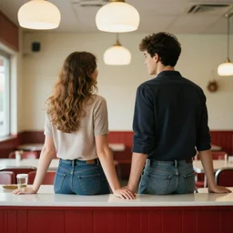 a young couple standing on top of the counter at a diner
