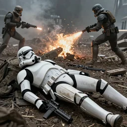 clone trooper lies dead on the battlefield, intense fighting going on, in geonosis, 8 k