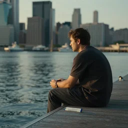 A man sitting on a jetty, city in the background, cinematic lighting, copic markers