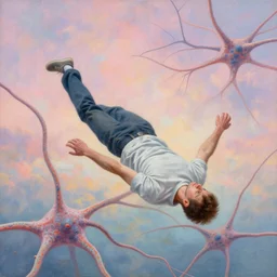 a painting of a man falling through a tangle of neurons in a pastel sky, a detailed matte painting by marc simonetti, deviantart, trending on artstation