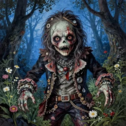 a pretty but sinister and creepy monster in layers of fear decoupage, with haunted eyes, wearing punk clothing, violence in his eyes, 1 9 7 0 s, seventies, delicate embellishments, a little blood, woodland, blue dawn light shining on wildflowers, painterly, offset printing technique, by jules bastien - lepage, alexandre cabanel