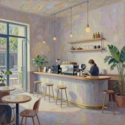 a modern coffee shop, oil painting, intricate, dreamy aesthetic, highly detailed, by alena aenami