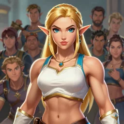 portrait of princess zelda as a beautiful female bodybuilder amazon with plump lips, elegant, fantasy, hd shot, digital portrait, beautiful, artstation, comic style, by artgerm, guy denning, jakub rozalski, magali villeneuve and charlie bowater