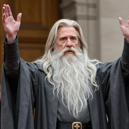 Hillary Clinton with a long white gandalf beard and raising arms, 4K, octane rendering
