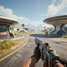 futuristic pubg game first person perspective. screenshot cinematic, future technology, future miramar, unreal engine 5,