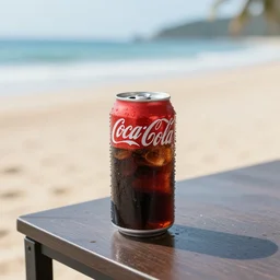 a photograph of a cold coca cola can with water droplets sitting on a coffee table next to a beach