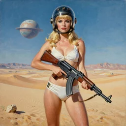a mixed media painting of a beautiful blonde woman holding an assault rifle on a desert planet, elegant, aesthetic!!! symmetrical face and eyes, piercing gaze, sixties pinup, photorealistic, curvy, model, 6 0's glass helmet and futuristic high waisted white bikini, epic sci - fi character art, full length, by frank frazetta, donato giancola, boris vallejo, beeple, greg rutkowski, christian macnevin, high fantasy, prometheus, cgsociety, exquisite detail, post - processing, masterpiece, cinematic