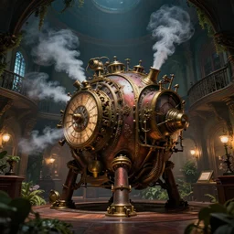 Steampunk time machine emitting smoke in a victorian museum, james gurney, cinematic lighting, artstation, vibrant nature, Tuomas Korpi, tekkon kinreet, volumetric light, artstation, , octane render, redshift render, low angle camera, rich deep moody colors