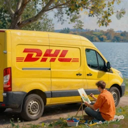 DHL yellow DHL van and the lake, with a sitting man in orange shirt painting by Monet