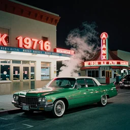 color street view in america of market district at night. a green cadillac parked outside a casino, from 1 9 7 6, california. scorsese, wes anderson, kodachrome, fred herzog. small steam from vents lit by neon signs. 1 0 0 mm lens. cold. detailed sharp photograph shot on hasselblad medium format cinestill film