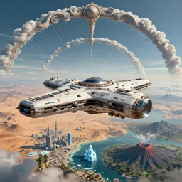 retro futuristic spaceship fly over ( desert, plain, city, ice, jungle, ocean, mountains, volcano, spaceport ), 8 k, acanthus scroll, ceremonial clouds, dripping paint, fibonacci rhythm, perfect composition, dlsr photography, sharp focus, 8 k, ultra hd, sense of awe, highly detailed, hyper realistic, intricate, science journal cover, artstation, art gem