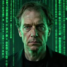 an ultra realistic cinematic portrait of a man, green matrix code, detailed, deep focus, movie still, dramatic lighting, ray tracing, by werner herzog and ryoji ikeda
