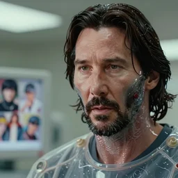 beautiful hyperrealism three point perspective film still of Keanu Reeves in medical face hugger surgery scene in Aliens(1988) extreme closeup portrait in style of 1990s frontiers in translucent porclein miniature street photography seinen manga fashion edition, miniature porcelain model, focus on face, eye contact, tilt shift style scene background, soft lighting, Kodak Portra 400, cinematic style, telephoto by Emmanuel Lubezki