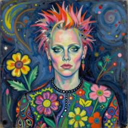 a realistic yet sketched punk neon tilda swinton, trending on artstation, by archan nair and marlene dumas, intricate details, flowers, in the style of frank auerbach, in the style of martin ansin, in the style of david aja, by kandinsky
