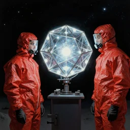 two scientists wearing red hazmat suits staring into glowing polyhedron in the night sky by frank frazetta