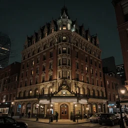 action scene painting of a 1 9 2 0 s gothic style hotel in downtown boston, overlooking a dark street, architectural, atmospheric lighting, brooding, painted, intricate, ultra detailed, well composed, best on artstation, cgsociety, epic, stunning, gorgeous, intricate detail, much wow, masterpiece, cinematic aesthetic octane render, 8 k hd resolution,