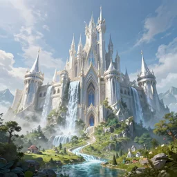 low angle shot of a beautiful elven castle made of silver, huge waterfalls, lovely valley, by James Gurney, by Greg Rutkowski, concept art, volumetric lighting, intricate, vivid colors, octane render, trending on artstation, 8k
