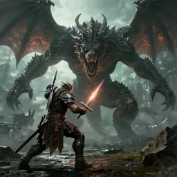 Dragonborn fighting a huge balrog in Skyrim