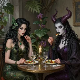a beautiful picture of doctor poison ivy professor of botany and doctor liliana onyx professor of demonology having lunch, academic clothing, dark eyeliner, intricate, elegant, highly detailed, digital painting, artstation, concept art, matte, sharp focus, illustration, art by rebecca guay and by arthur rackham and by john william waterhouse