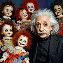 a colorful portrait photograph of divine and albert einstein, 1 9 9 0 s, with diabolical cursed creepy dolls, poppy playtime style, with crazy laughs and crazy eyes, taken by martin parr, saturated colour photo, high definition, 8 k