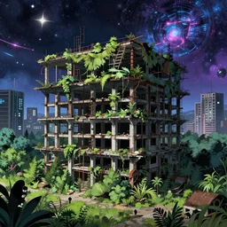 a beautiful photorealistic anime illustration of urbex nature backroom industrial architecture abandoned unfinished building city by asher brown durand, nightsky cosmic neon noir futuristic hyperrealism assassin's creed apocalyptic at summer tron fantasy forest reclaimed by nature, archdaily, wallpaper, highly detailed, trending on artstation.