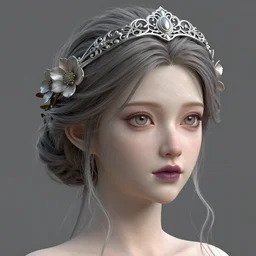 complex 3 d render, ultra detailed, realistic portrait of a beautiful porcelain skin woman, face, wispy, wavy hair worn tied back in a messy bun, wearing filigree silver elven circlet, detailed eyes, round catchlights, flowers in hair, mauve lips, 8 5 mm lens, beautiful, studio portrait, proportional,