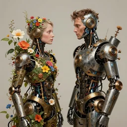 a beautiful intricate fine art portrait photo of a   farewell moment between a mechanical industrial steampunk cybernetic robot and a human overgrown with colorful flowers and leaves by  tom bagshaw and zach sutton, golden ratio composition,  studio lighting, 50mm lens, very detailed, bionic, cybernetic scifi, deep depth of field, artstation, 8K, highly coherent