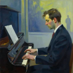 painting of a piano player. by edward hopper and james gilleard