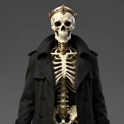 humanoid male skeleton ; full body ; black eyes ; sharp facial features ; slender ; wearing black trench coat ; wearing ornate circlet ; wearing ornate golden choker with rubies ; cultist ; trending on artstation ; high detail ; digital art