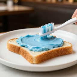 food photography of dish consisting of a toast with spreaded blue toothpaste and a toothbrush in a michelin star restaurant,