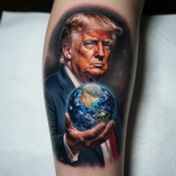 tattoo of donald trump holding the universe, black, blue orange, and white ink, detailed, hyperrealistic trending on artstation