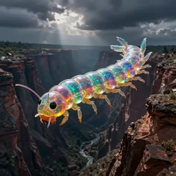 a gigantic rainbow colored, iridescent, transparent centipede flying over a chasm, frills, fins, rainbow, antennae, dark