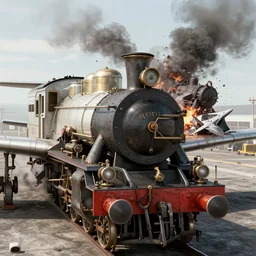 front half of airplane cross section, with mechanical gyroscopes and steampunk, seen from behind, a steamtrain smashes into the back of it, vray maya 3D render still, hyperrealistic detailed