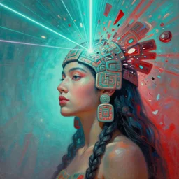 a portrait of a mayan quetzalcoatl goddess with a lazer shining into the top of her head, pieces expanding from impact aquamarine and red, by android jones, by ben ridgeway, by ross draws, by Noah Bradley, by Maciej Kuciara + illustrative + visionary art + low angle + oil painting + Visionary art, DMT, psychedelic, The god particle, utopia  profile, artgerm,  featured in artstation, elegant, Moebius, Greg rutkowski