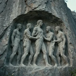 cinematic still of humans carved out of stone Greg Rutkowski, massive cliff rock, Trending on Artstation