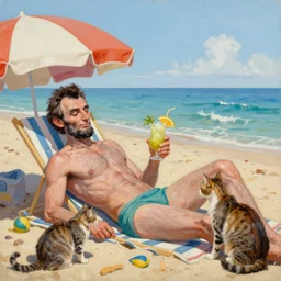 painting of Abraham Lincoln sunbathing on a beach in a bikini drinking a pina colada, petting a cat under an umbrella by Anna dittmann