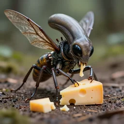 high quality presentation photo of winged crawling anthropomorphic horror alien monster insects eating cheese, photography 4k f1.8 anamorphic bokeh 4k Canon Nikon