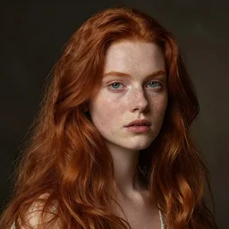 portrait of a girl with long red hair, very beautiful style, photorealism, edgard maxence, john singer sargent
