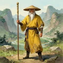 a chinese battle monk, wearing a faded dark yellow toga, straw hat, holding a long wooden staff that is perpendicular to the floor, long white beard, in the background a beautiful valley with mountains, full body shot, detailed, fantastical, drawn in the style of marc simonetti