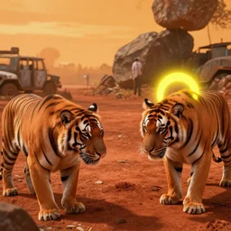 closeup of tigers in a red clay dirt hill looking down at a man under the rocks bright surroundings, junkyard farm orange ghastly atmosphere, bright yellow character halo. 8 k octane render, enb, bokeh, ambient occlusion, realistic lighting, 4 k textures, enhanced fx.