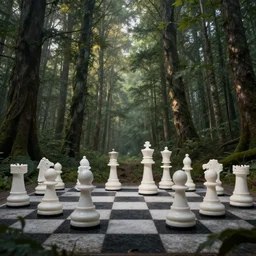a forest with huge chess pieces, 8 k, matte painting, early morning light, in the style of francisco de goya and h. r. giger,