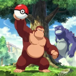 King Kong on the Erdtree throwing pokeballs at Mothra, anime style