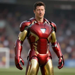robert lewandowski photorealistic full face photo, in ironman suit marvel superhero, 4 k, detailed, pic, full body elegant, ultra detailed, metallic armor, octane render, depth of field