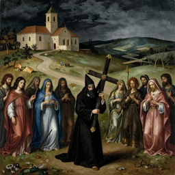 A Holy Week procession of souls in a Spanish landscape at night. A figure at the front holds a cross, trending on artstation, 50mm, by El Greco, Remedios Varo y Salvador Dali.