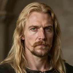 half - length portrait of a 8 0 - year - old human male noble with long blonde hair and green eyes, mustache, no beard, medieval setting, detailed face, highly detailed, artstation, concept art, sharp focus, by greg rutkowski, craig mullins, artgerm
