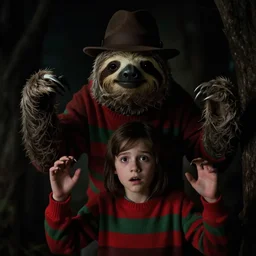 a sloth wearing a red and green striped jumper and brown fedora hat, lurking in the shadows behind a scared teenager, claws raised, dark eerie lighting, horror movie film still