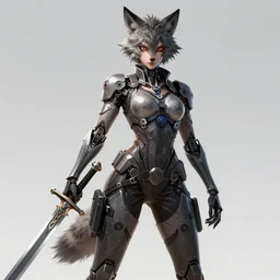 a full body + face character portrait of a female humanoid anthropomorphic edgy cyborg - werewolf posing with a broadsword in the style of anime in the style of urban fantasy trending on artstation deviantart pinterest furaffinity detailed realistic hd 8 k high resolution