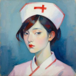 a beautiful abstract side portrait painting of a nurse. she has a red painted cross in her forehead. art by yoji shinkawa and sandra chevrier, trending on artstation, award - winning, perfect composition.